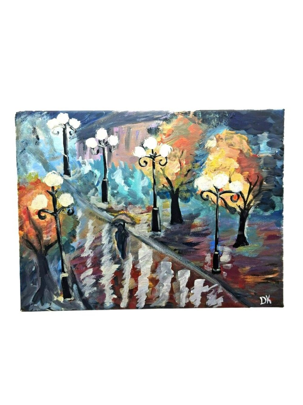 Original Canvas Acrylic Impressionist Painting Moody Autumn Rain Street Trees
